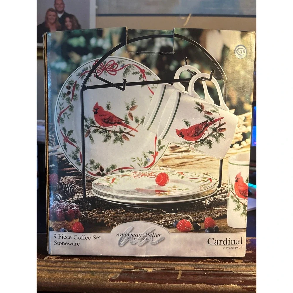 Christmas American Atelier At Home 9 pc. Stoneware Coffee Set Cardinal Bird NIB